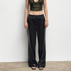 💃ZARA Vegan LEATHER PANTS HIGH-WAISTED PANTS ADJUSTABLE DRAWSTRING black 💃